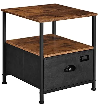SONGMICS yöpöytä, jossa on 2 hyllyä ja 1 laatikko - rustiikkinen ruskea MDF ja musta keinomokkanahka/metalli (41x41)